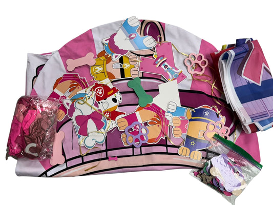 Paw patrol skye theme party decor with large backdrop and arch drop