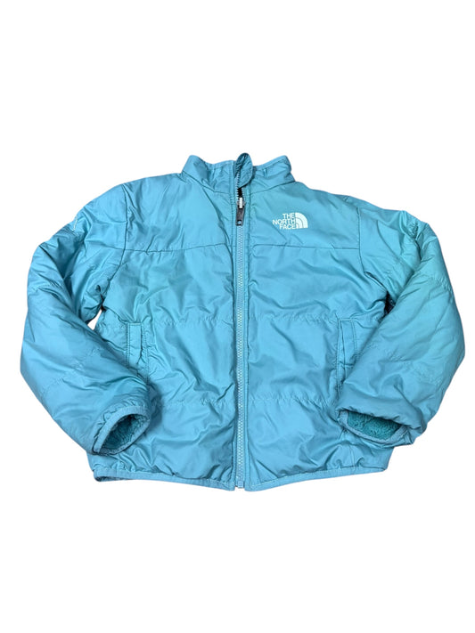 Girls 7 north face coat (whole that has been stitched in one arm)