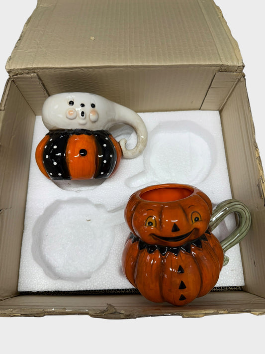 Johanna Parker Vintage Ghost and Pumpkin Peeps ceramic mug set